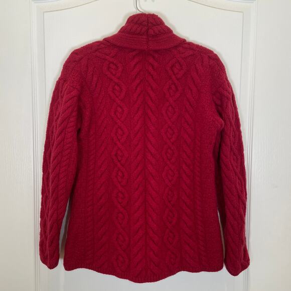 Irish Merino Wool Cardigan Shannon Woolen Mills Cable Knit Red Shawl Collar XS - Picture 4 of 4